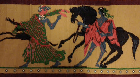 A tapestry my mum made of a gypsy woman meeting with St George