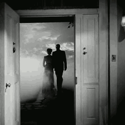 The ghost and Mrs Muir walking off into the fog together as a door closes behind them
