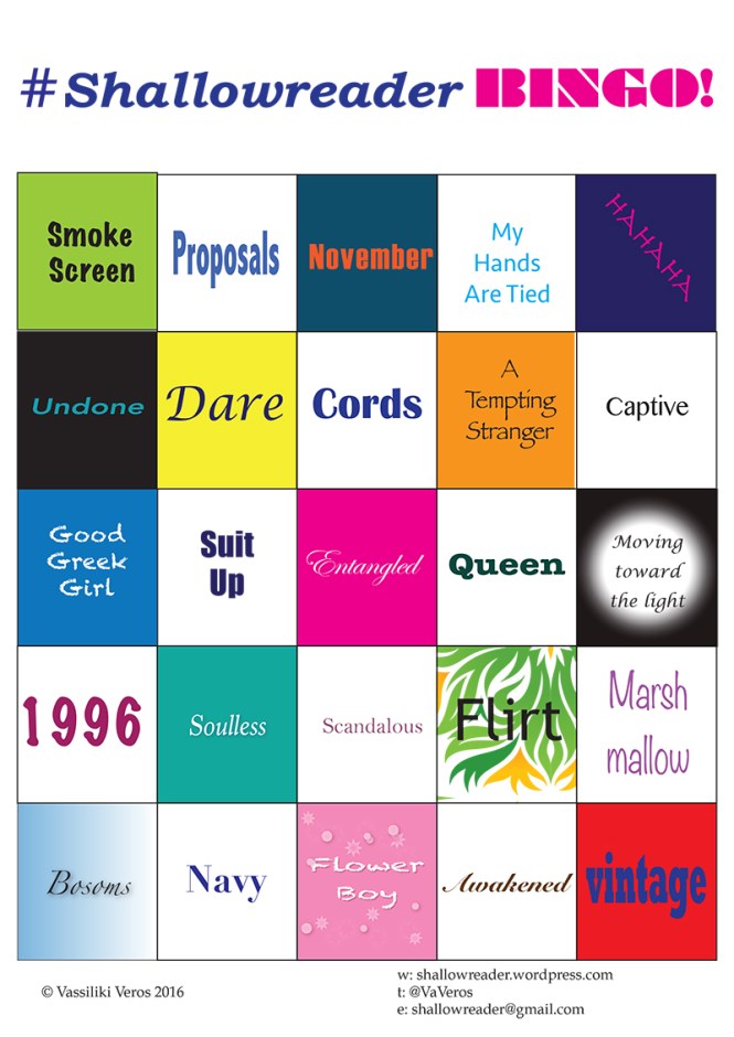 Row 1: Smokescreen; Proposals; November; My Hands are Tied; Hahaha. Row 2: Undone; Dare; Cords; A Tempting Stranger; Captive. Row 3: Good Greek Girl; Suit up; Entangled; Queen; Moving toward the light. Row 4: 1996; Soulless; Scandalous; Flirt; Marshmallow. Row 5: Bosoms; Navy; Flower Boy; Awakened; Vintage.