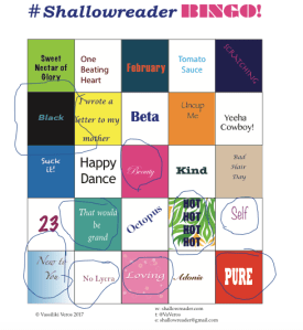 Bingo card with circles around the squares that are listed.