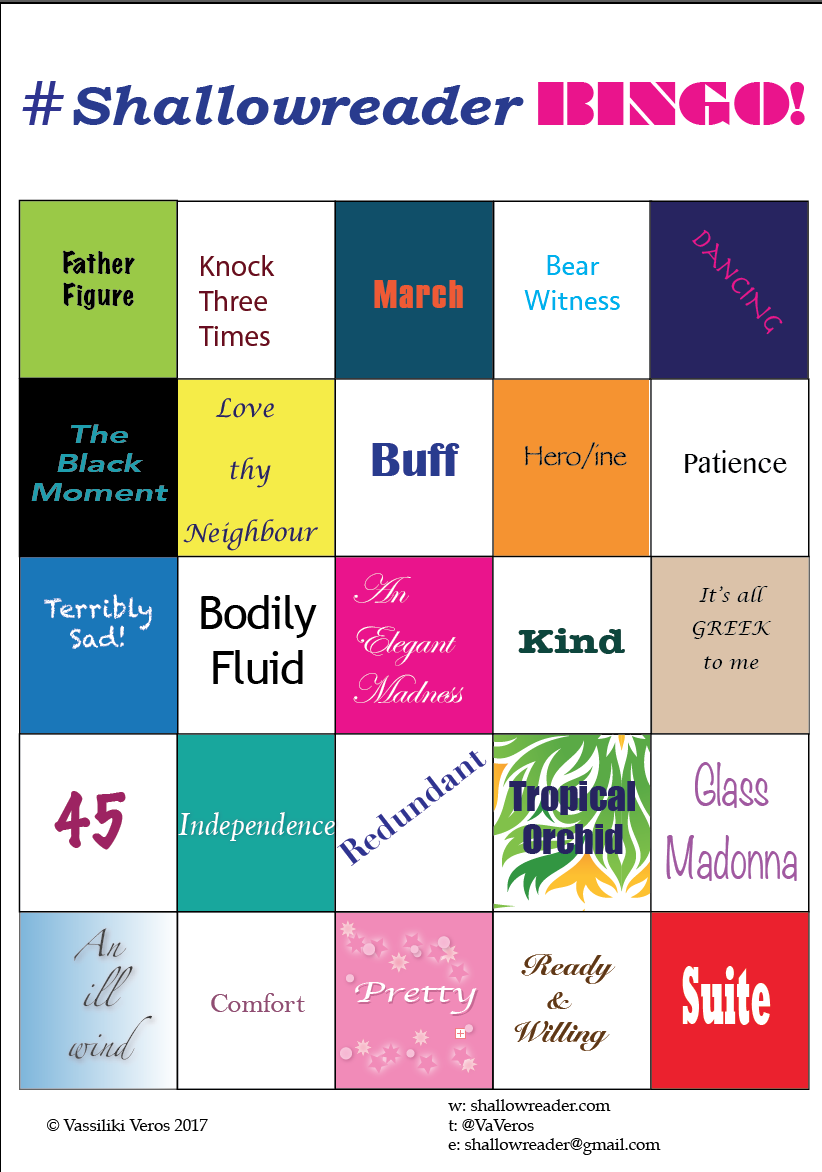 Row 1: Father Figure; Knock three times; March; Bear Witness; Dancing. Row 2: The Black Moment; Love Thy Neighbour; Buff; Hero/ine; Patience. Row 3: Terribly Sad!; Bodily Fluid; An Elegant Madness; Kind; It's all Greek to me. Row 4: 45; Independence; Redundant; Tropical Orchid; Glass Madonna. Row 5: An ill wind; Comfort; Pretty; Ready and Willing; Suite.