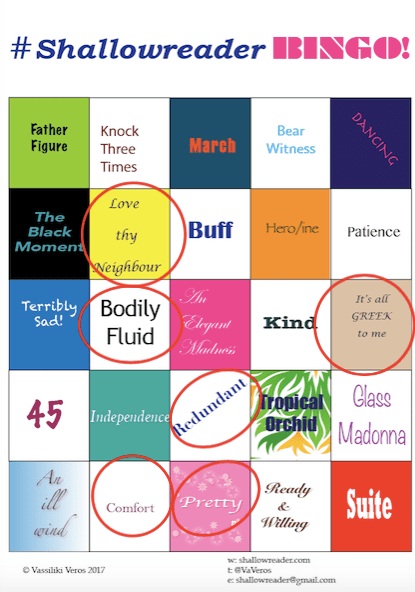 The circled squares for March are: Love thy neighbour, Bodily fluid, redundant, It's all Greek to Me, Comfort and Pretty.
