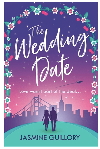 Purple and pink shades with a San fransisco city skyline sillhouette that includes a man and a woman holding hands. Flowers edge the image