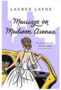 A lilac shadow shaped like skyscrapers in a city as a backdrop, with a cartoon bride holding open a yellow taxi door which just doesn't make sense because there was no taxi in the wedding scene.