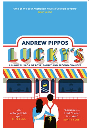 Blue white and red cover with an illustrated outline of a restaurant (including awning). A cartoon couple stand outside of the restaurant looking in.