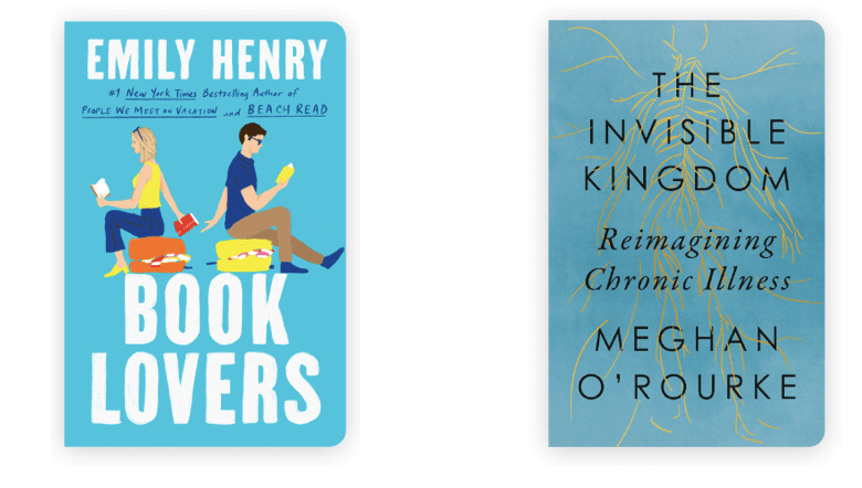 Two book covers. Both are blue. Emily Henry's Book Lovers (including 2 characters sitting with their backs turned to each other, reading books but their arms reaching behind to the other person). The Invisible Kingdom cover is dominated by its title howeverr there is a faint illustration of a skeleton behind the title.