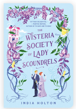 Light blue book cover with wisteria a floating house and two cartoon her/heroine holding smoking guns. Teacup in the wisteria too