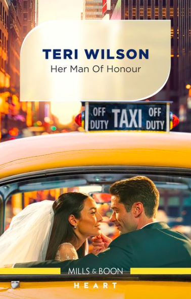 Book cover: Yellow NYC taxi with a bridal couple seen from the back window.