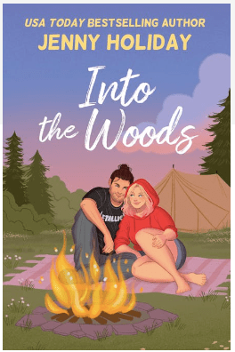 A cartoon cover. Indigo sky, tent in the background with firs. A couple sitting in front of a fire on a picnic rug, leaning into each other.